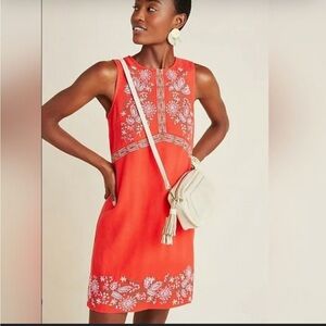 NWT Anthropologie Aiko Embroidered Red Linen Blend Shift Dress Women's 0